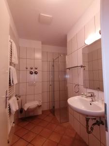 柏林Hostel VITA Berlin的一间带水槽、淋浴和卫生间的浴室