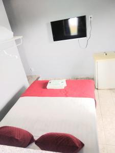 卡波布里奥Pousada Balbino的客房内的白色床和红色枕头