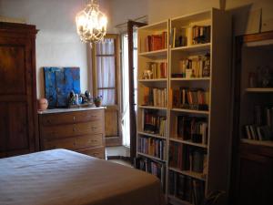 卡斯特姆苏蒂娜之家公寓的一间卧室配有床和书架