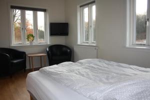 斯坎讷堡Klærke Hostel的一间卧室配有一张床、两把椅子和窗户