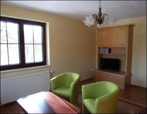 Kohren-SahlisFerienwohnung Kohrener Land的客厅配有两张绿色椅子和一张桌子
