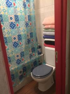 维纳德马Playa Miramar的浴室配有带浴帘和毛巾的卫生间。