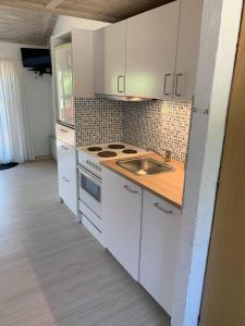 哈姆堡Ristinge Ferielejligheder的厨房配有白色橱柜和水槽