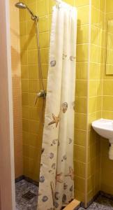 里加Bridge Hotel的浴室内装有贝壳的浴帘
