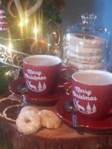 桑泽诺Il Nido dei Sogni的桌上两杯咖啡和甜甜圈,有圣诞树