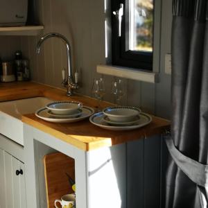 兰德林多德威尔斯Pen-Rhos luxury glamping "Cuckoo's Nest"的一个带两个盘子和水槽的厨房台面