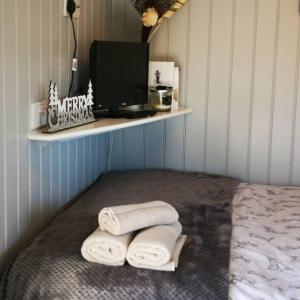 兰德林多德威尔斯Pen-Rhos luxury glamping "Cuckoo's Nest"的一间房间,床上配有两条毛巾和显示器