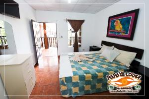 拉利伯塔德Papaya Lodge的一间卧室配有一张带彩色毯子的床