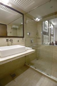 钱德加尔翡翠酒店的一间带水槽和玻璃淋浴的浴室