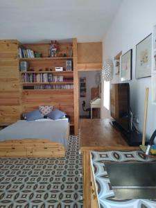 贝赫尔-德拉弗龙特拉miCasa im Zentrum von Vejer的一间卧室设有一张床和一个书架