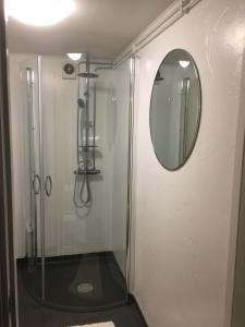 韦纳穆Lägenhet centralt i Värnamo vid Apladalen的浴室内带镜子的淋浴