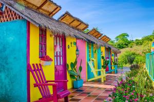 比利亚维哈Dunas Tatacoa的一排色彩缤纷的房屋,配有椅子和植物