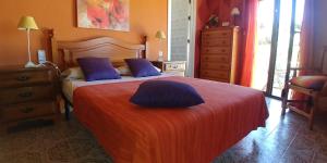阿尔姆尼卡VILLA MARIA的一间卧室配有一张大床和蓝色枕头