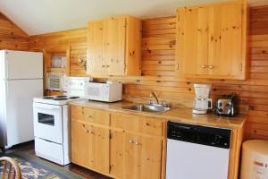 卡文迪西埃文利亚小屋酒店的厨房配有木制橱柜和白色的电器