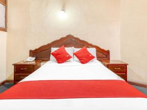 瓦哈卡市Hotel Esperanza, Oaxaca Centro的一间卧室配有一张带两个红色枕头的床