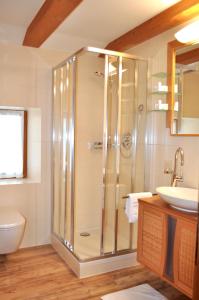 Breitenbach am Inn肖伯尔宾馆的带淋浴、卫生间和盥洗盆的浴室