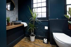 赫尔Spirit of Prince Street Hull Old Town的浴室拥有蓝色的墙壁和卫生间,并种植了植物。