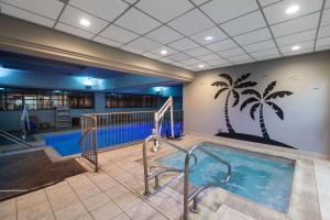 俄克拉何马城温德姆集团温盖特俄克拉荷马城机场酒店的墙上有一个棕榈树壁画的室内游泳池