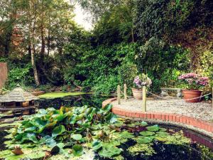 皇家滕布里奇韦尔斯顿桥威尔斯美居酒店的花园,花园内有种有植物和花卉的池塘
