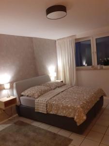 威斯巴登Zimmer Frei 2的一间卧室配有一张带两盏灯的床和两扇窗户。