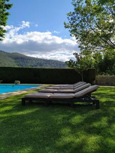 拉梅戈Quinta do Terreiro - Turismo de Habitacao的游泳池附近的草地上一排躺椅