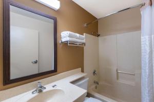 绍姆堡芝加哥伍德菲尔德商城长住美国酒店的一间带水槽、淋浴和镜子的浴室