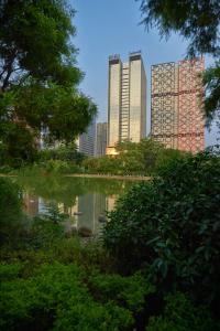 柳州柳州丽笙酒店的城市天际线,高楼和池塘