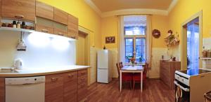 拉贝河畔罗乌德尼采Apartmán pod rozhlednou的厨房配有桌子和白色冰箱。
