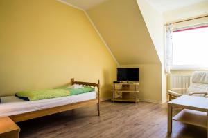 纽哈灵吉塞尔Logia Hotel garni的一间卧室配有一张床,并在一间客房内配有电视。