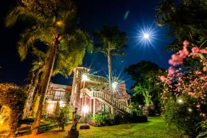 大普拉亚Acasarosa Hostel的棕榈树和灯火的房屋的一 ⁇ 夜