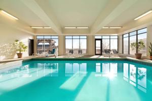 格林伍德村丹佛科技中心温盖特温德姆酒店的窗户间里的一个蓝色的游泳池