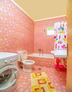 MouríonLake Villas II的粉红色的瓷砖浴室设有卫生间和洗衣机
