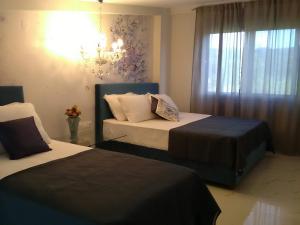 托罗尼Divine Luxury Apartments的一间卧室设有两张床和窗户。