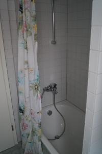 吕贝克Villa Ida的浴室配有淋浴帘和浴缸。