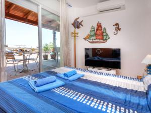 兰卡Apartment Fane De Baix I by Interhome的一间卧室配有一张带蓝色枕头的床和一台电视。
