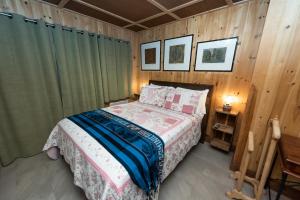 圣弗朗索瓦小河乐佛阿庞小旅馆的卧室配有一张床铺,位于带木墙的房间内