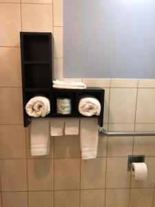 旧金山海边旅馆的浴室内带毛巾和卫生纸的衣架