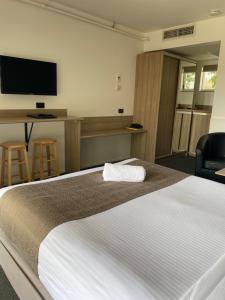 赫斯基森赫斯基森海滩汽车旅馆的配有一张床和一台平面电视的酒店客房