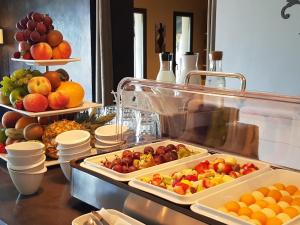 蒙蒂塞洛皮塔特拉酒店的水果和蔬菜的自助餐,托盘在柜台上
