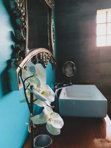 波罗瓜尼单里过夜旅馆的一间带水槽和白色花的浴室