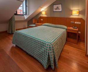 奥维多奥斯特瑞酒店的一间卧室配有一张带绿色棉被的床