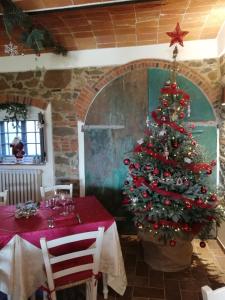 塞拉瓦莱皮斯托耶塞Agriturismo Villa Bracali的饭厅里的圣诞树,餐桌