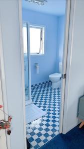 罗托鲁瓦Panoramic View Apartment Without a Kitchen的蓝色的浴室设有卫生间和窗户。
