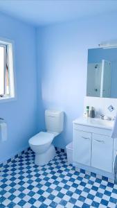 罗托鲁瓦Panoramic View Apartment Without a Kitchen的蓝色的浴室设有卫生间和水槽