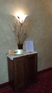 圣多利格德拉瓦Hotel Pesek的一张桌子,上面有台灯和花瓶