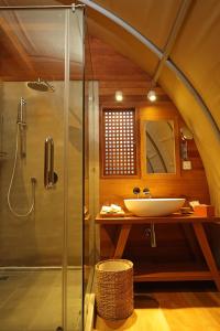 暹粒坦普雷森酒店的一间带玻璃淋浴和水槽的浴室
