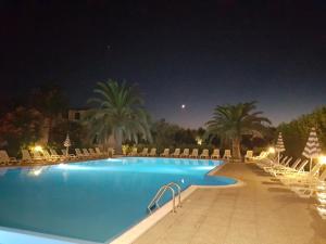 维耶斯泰Villaggio Alba Chiara的游泳池,晚上配有椅子和棕榈树