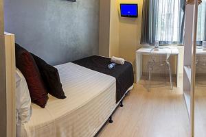巴塞罗那圣家堂旅馆的一间卧室配有一张床、一张书桌和一台电视