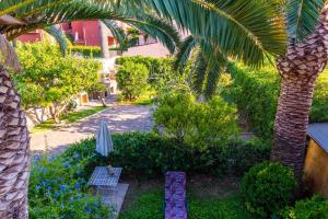 里奥内莱尔巴Appartamento La Via del Mare的一个带棕榈树和遮阳伞的花园