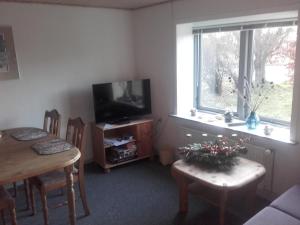 菲耶里茨莱乌Lindholt的客厅配有桌子、电视和桌椅